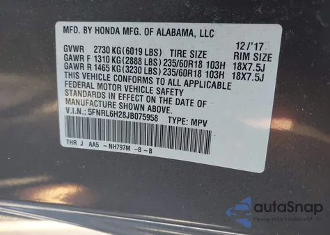 2018 Honda Odyssey Lx z USA, uszkodzony, nr VIN 5FNRL6H28JB075958